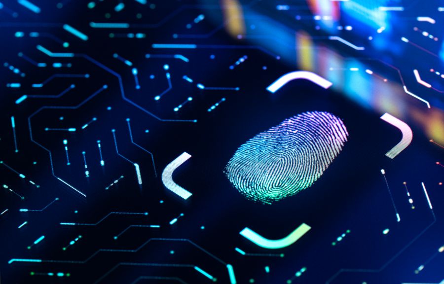 A fingerprint on a biometric authentication button.
