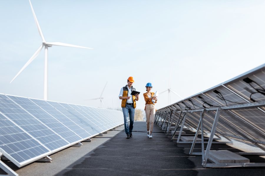 Deux ingénieurs traversant une centrale solaire sur le toit et examinant des panneaux photovoltaïques.
