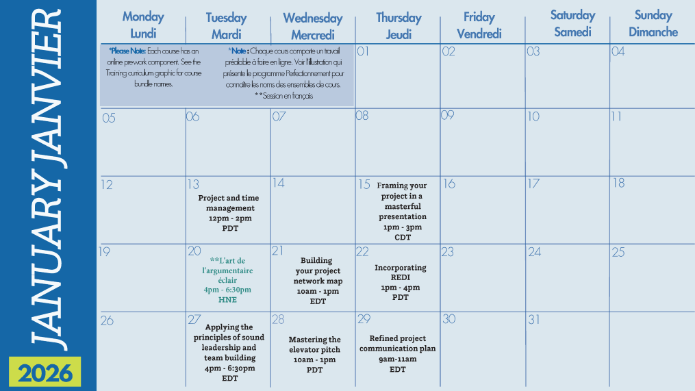 A January 2026 calendar with blue accents, showing bilingual headings in English and French. Several dates list project management webinars, including sessions on communication, leadership, and project planning.