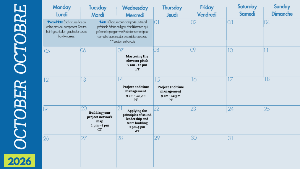 October 2026 calendar showing bilingual course schedules: Mastering the elevator pitch on the 7th, Project and time management on the 14th and 15th, Building your project network map on the 20th, and Principles of sound leadership on the 21st.