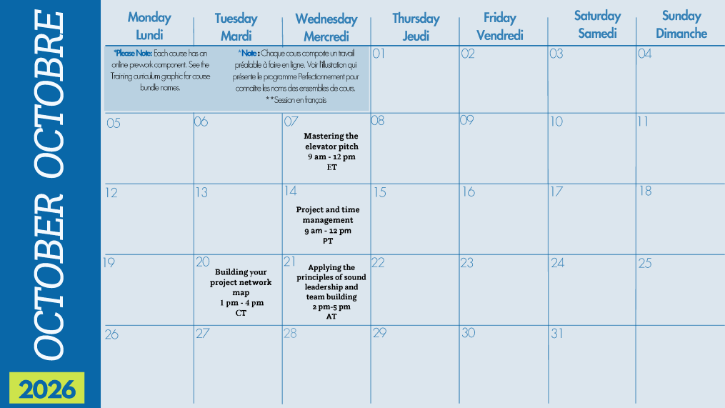 October 2026 calendar with French and English days. Notable events include Mastering the elevator pitch on October 7, and Building your project network on October 13. Other business workshops fill the month.