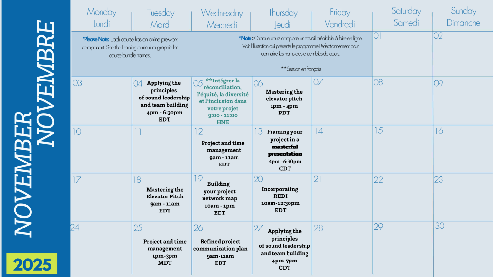 Calendar for November 2025 with scheduled events, workshops, and training sessions on leadership, project management, and communication, listed by date and time in both English and French.