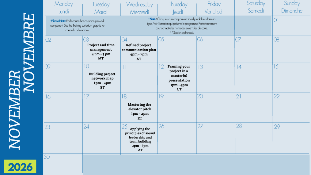 Calendar for November 2026 with scheduled project management workshops on specific dates, times, and time zones, including topics like management, communication, presentation, and team leadership.