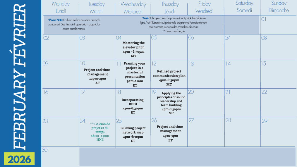 A bilingual February 2026 calendar with events such as project meetings, training, and presentations scheduled on various dates. The month and days are in French and English, with a blue and white color scheme.