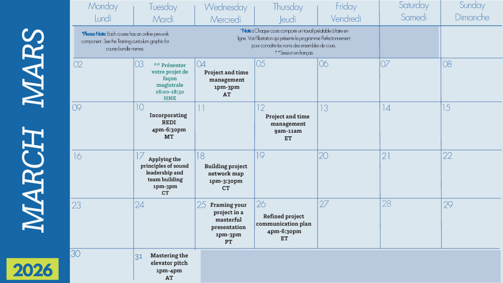 March 2026 calendar with training events listed on most weekdays, such as project management workshops and leadership courses, color-coded in blue and white. The weekend columns are blank.