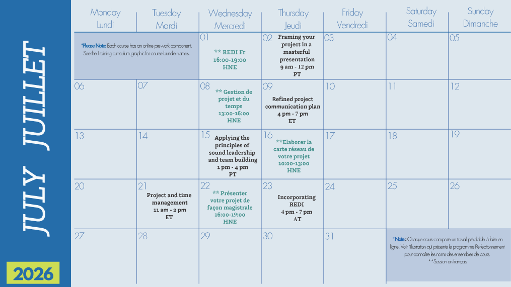 Calendrier de juillet 2026 en français et en anglais, avec des événements axés sur la gestion de projet et le leadership. Les événements clés sont listés du 1er au 25 juillet, avec des notes et une barre latérale bleue indiquant le mois et l’année.