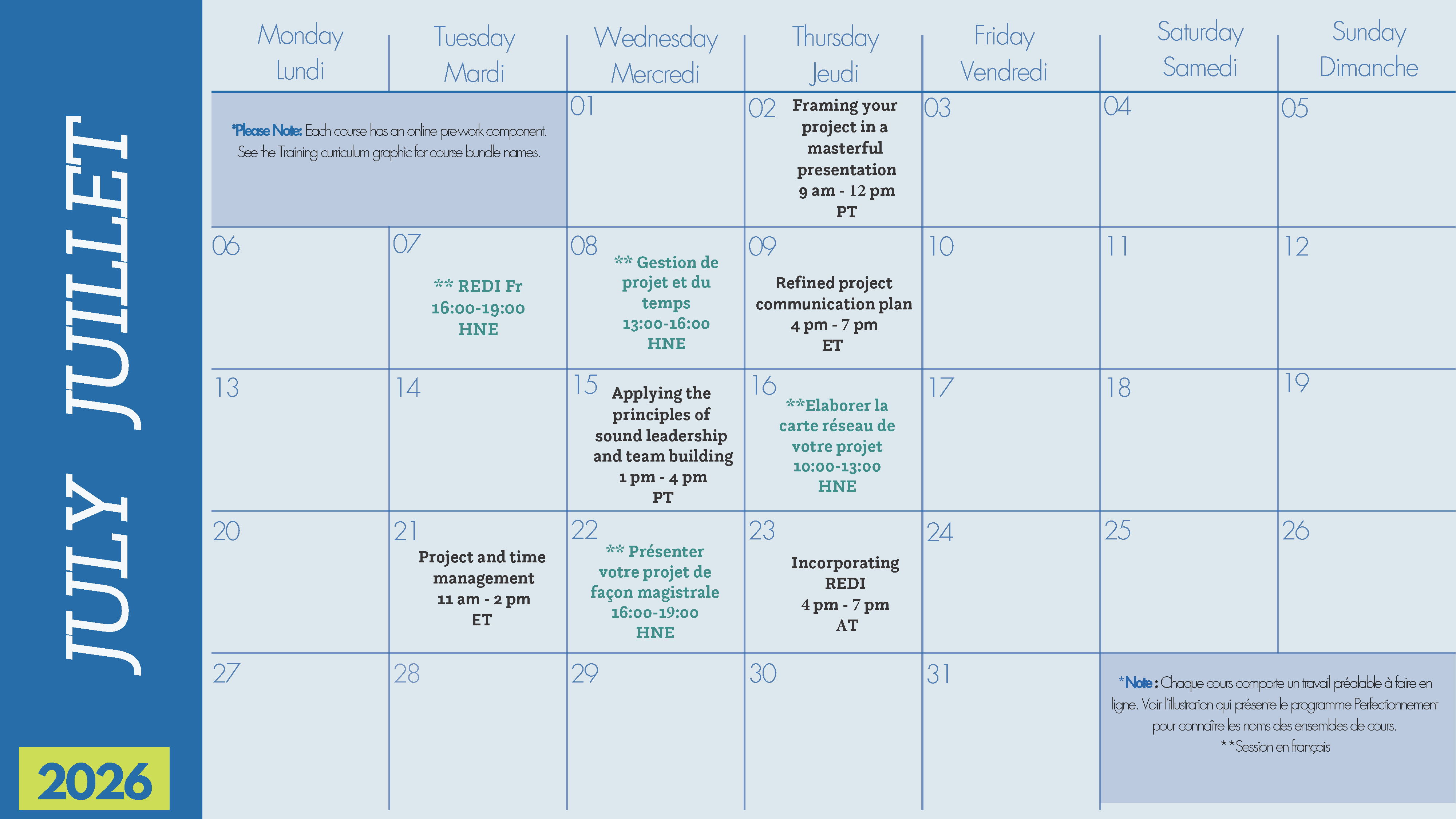 A bilingual (French-English) July 2026 calendar features training events on various professional topics. The week starts on Mondays, and each event includes a title, date, and time. Blue, green, and grey tones are used throughout.