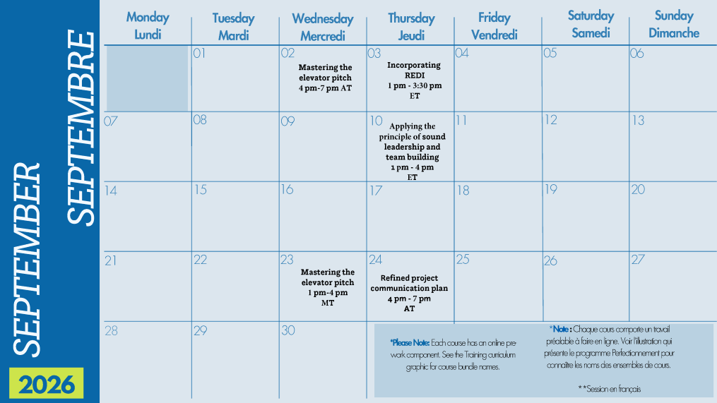 September 2026 calendar with events like mastering the elevator pitch, sound leadership, and refined project communication plan, scheduled on various weekdays, with notes about pre-work and childcare.