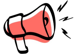 A simple illustration of a megaphone with sound lines coming out, indicating its making noise. The body of the megaphone is shaded in pink with bold black outlines.