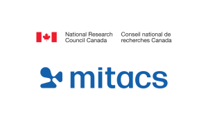 The image shows the Canadian flag and the text National Research Council Canada in English and French above the blue Mitacs logo on a white background.