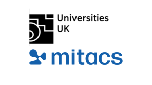 Logos of two organizations: at the top left is the black and white Universities UK logo with abstract shapes, and below is the blue Mitacs logo featuring a stylized symbol and the word mitacs.