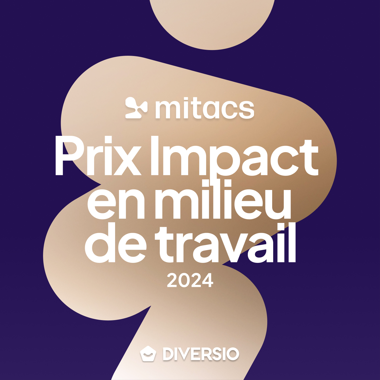 Formes beiges abstraites sur fond bleu foncé avec texte : Mitacs Prix Impact en milieu de travail 2024 et logo DIVERSIO en bas.