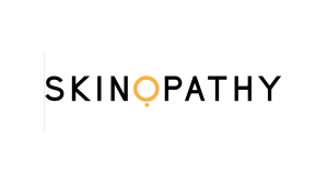 The word SKINOPATHY in black capital letters on a white background, with the letter O in orange and a small orange dot below it, resembling a magnifying glass. A thin vertical line appears on the left side.