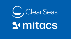 Logos of Clear Seas and Mitacs on a blue background. The Clear Seas logo features a stylized wave and text, while the Mitacs logo includes an abstract symbol and text.