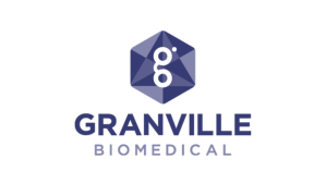 Granville Biomedical logo featuring a geometric hexagon with a stylized lowercase “g” inside, above the bold text “GRANVILLE” and lighter text “BIOMEDICAL” beneath it, all in shades of blue and purple.