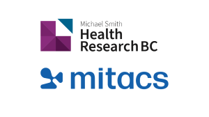 Logos for Michael Smith Health Research BC (with a purple geometric design) and Mitacs (blue text with abstract blue symbol) on a white background.