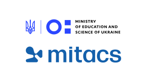 Logos of the Ministry of Education and Science of Ukraine and Mitacs, highlighting the Mitacs Ukraine partnership with the ministry’s blue trident emblem and name above the blue Mitacs logo on a white background.