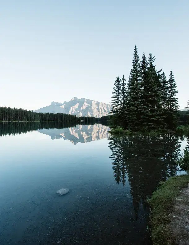 A calm lake reflects tall evergreen trees and distant mountains under a clear blue sky, with lush greenery along the shore—an inspiring setting that mirrors the spirit of innovation funding Canada and research partnerships.