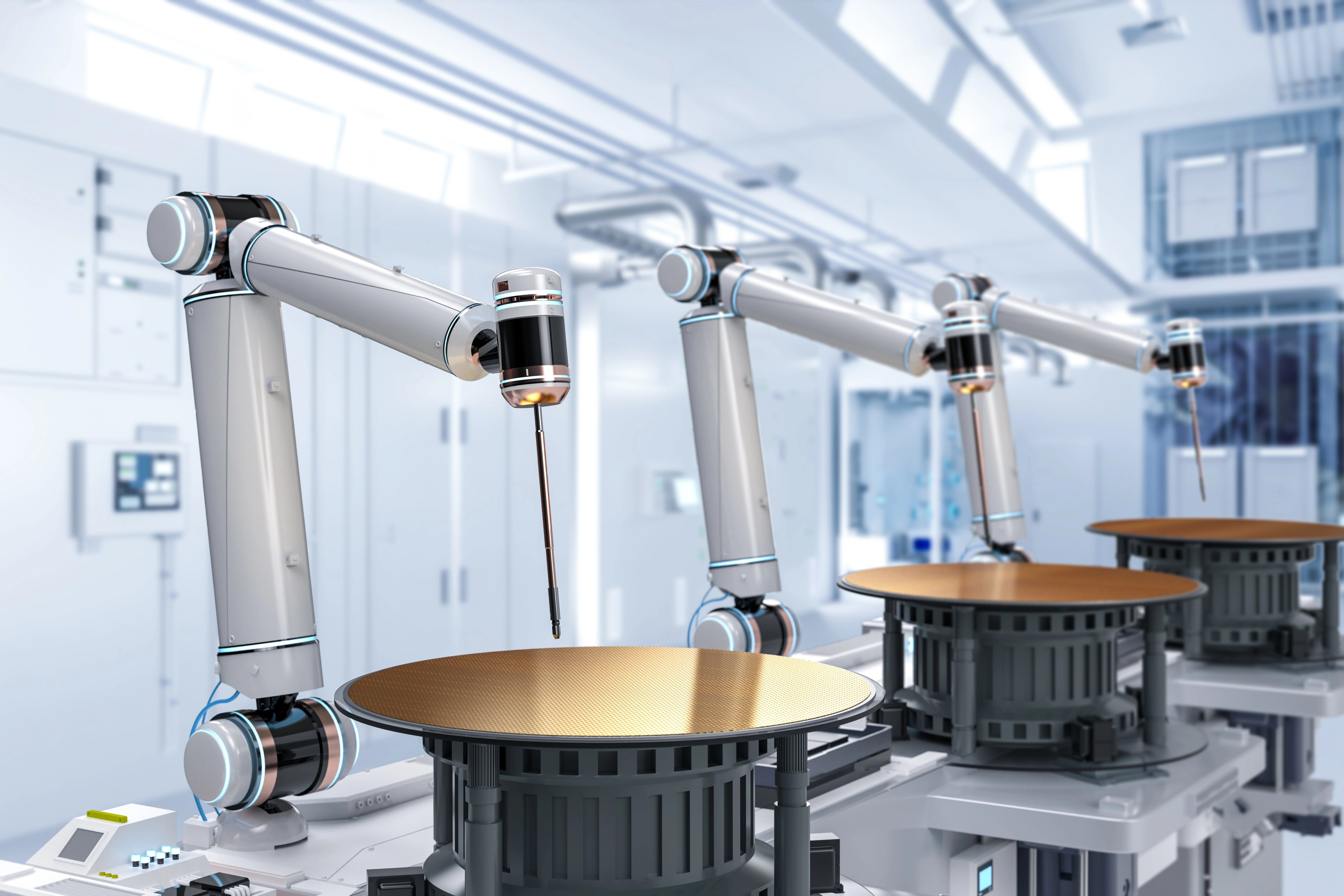 Three robotic arms operate simultaneously in a high-tech, clean laboratory, each working on golden wafers—an example of innovation funding Canada supports to advance semiconductor or electronics manufacturing.
