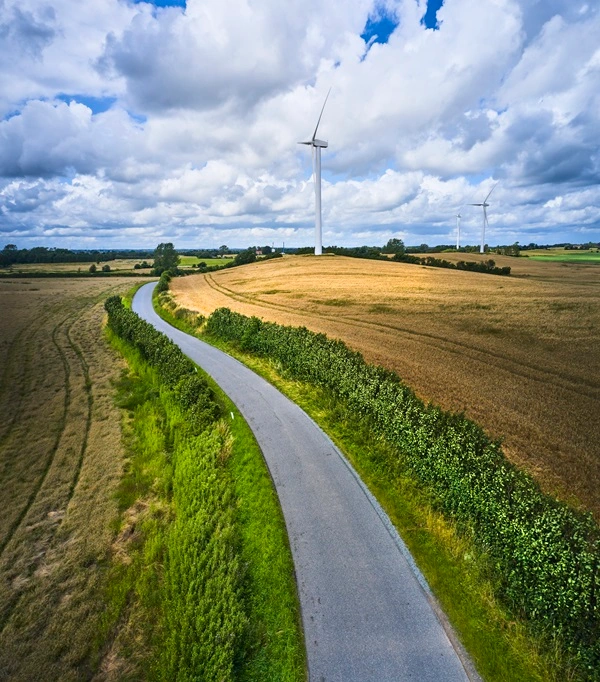 A winding rural road passes through fields of crops with green hedges on both sides. Several wind turbines stand in the distance under a partly cloudy sky.
