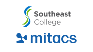 Logos of Southeast College and Mitacs, signifying their partnership for research collaboration. The Southeast College logo displays blue and green curves with grey and black text; the Mitacs logo is blue with an abstract symbol.