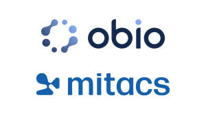 Logo of obio with abstract blue circular dots on top, and logo of Mitacs—with a blue abstract symbol to the left—both displayed on a white background, representing the Mitacs Southeast College partner for research collaboration.