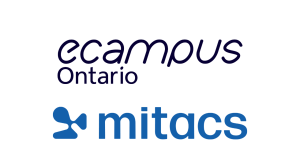 Logos of eCampus Ontario (dark blue text) and Mitacs (blue text with an abstract symbol), shown on a white background, highlight the Mitacs Strategic Plan 2026-2030: Talent and Research Powering Innovation.