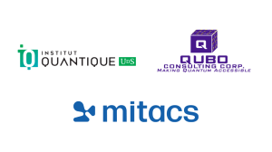 Three logos: Institut Quantique UdeS (green and black text), Qubo Consulting Corp. with a purple cube and slogan “Making Quantum Accessible,” and Mitacs with a blue abstract symbol and text.