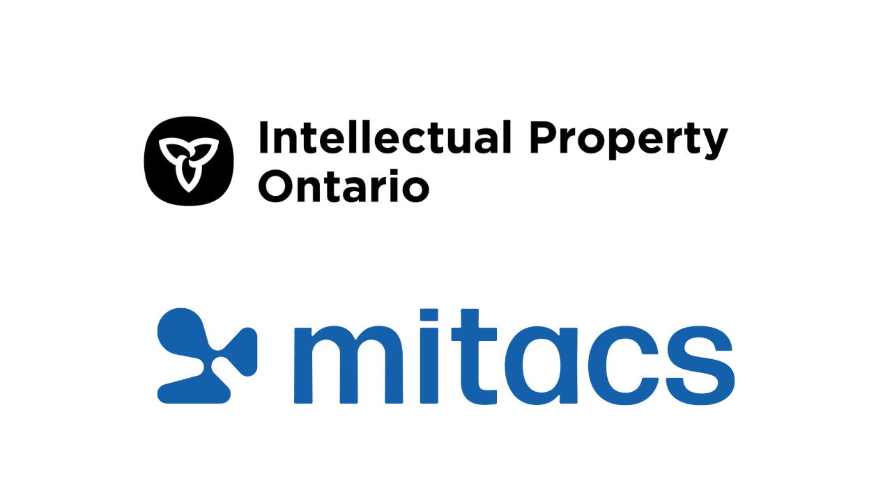 Logos for Intellectual Property Ontario (black text and icon) and Mitacs (blue stylized icon and text) on a white background.