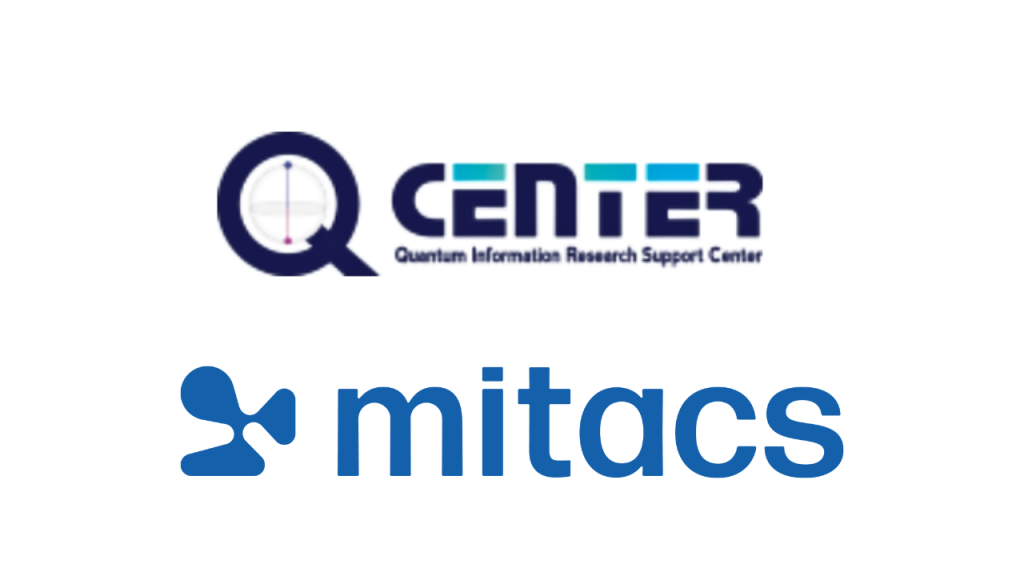 Logos for the Quantum Information Research Support Center (Q Center) and Mitacs. The Q Center logo features a stylized Q with a quantum diagram, while the Mitacs logo has blue abstract shapes and text.