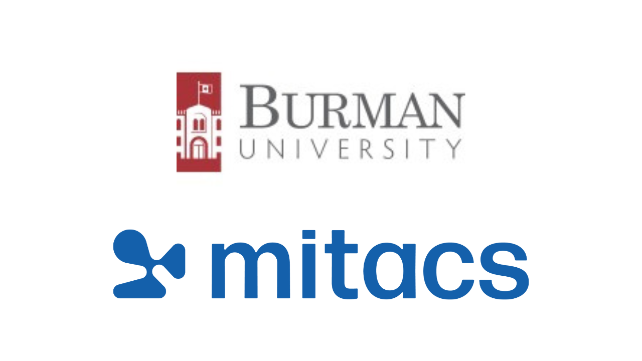 The image shows the Burman University logo above the Mitacs logo, representing a partnership or collaboration between the two organizations.