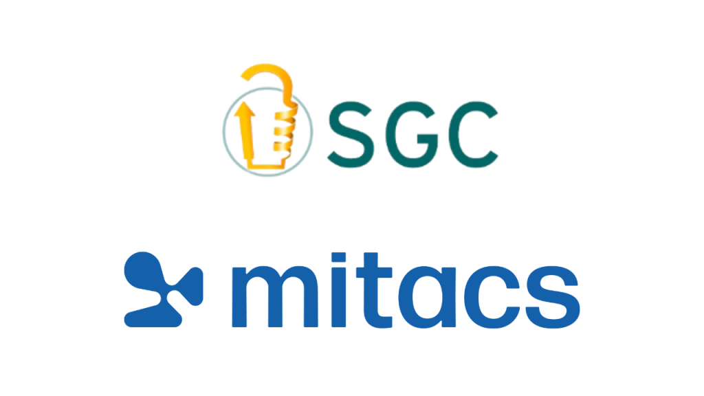 Logos of two organizations: the SGC logo at the top, featuring an open lock, arrow, and text SGC, and the Mitacs logo at the bottom with abstract blue shapes and the word mitacs in blue lowercase letters.