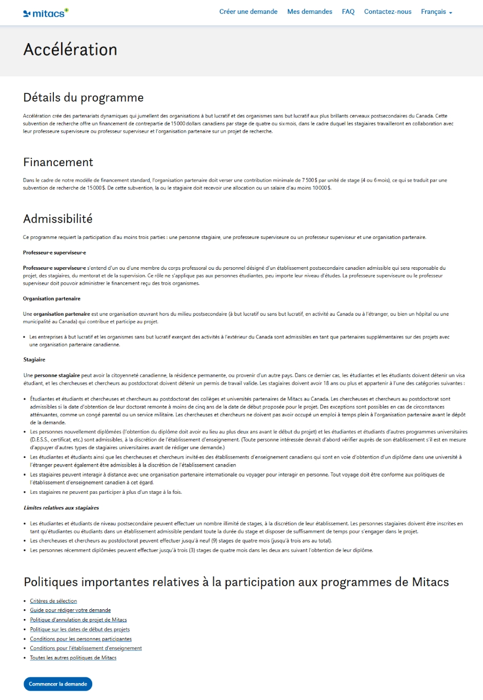 Capture d’écran de la page Web du programme Accélération de Mitacs affichant un aperçu du programme, le financement, l’admissibilité et les politiques importantes concernant la participation, avec des titres et des points clés décrivant les exigences et les directives pour déposer une demande.