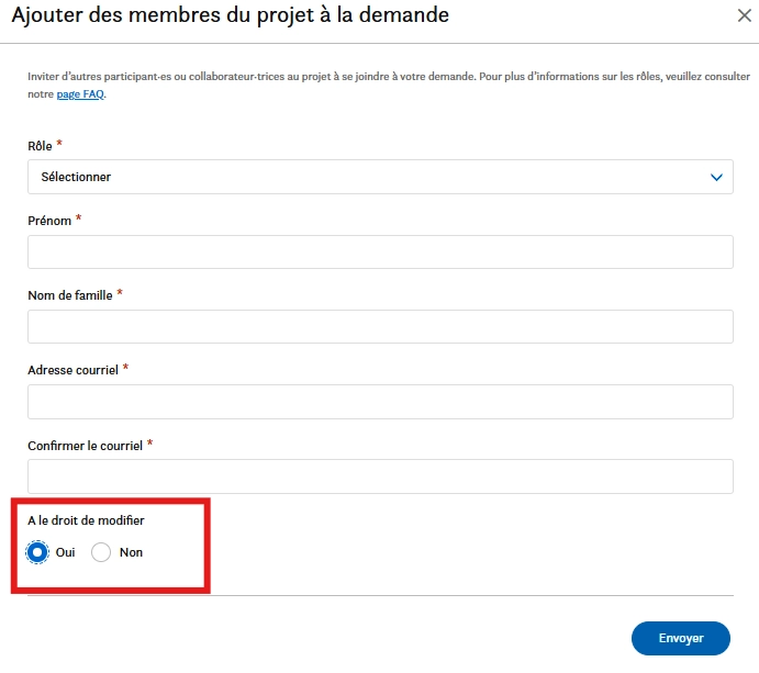 Un formulaire intitulé Ajouter un contributeur avec des champs pour le rôle, le prénom, le nom, l’adresse courriel et un courriel de confirmation. Une section en-dessous indique « A le droit de modifier » avec les boutons radio Oui et Non. Le bouton Inviter se trouve en bas à droite.