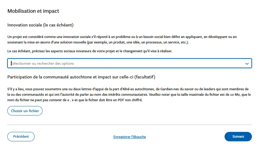 Capture d’écran d’une section du formulaire intitulée Engagement et impact avec des zones pour décrire l’innovation sociale et la participation facultative des communautés autochtones, des cases à cocher et un bouton Choisir un fichier pour télécharger les documents à l’appui.