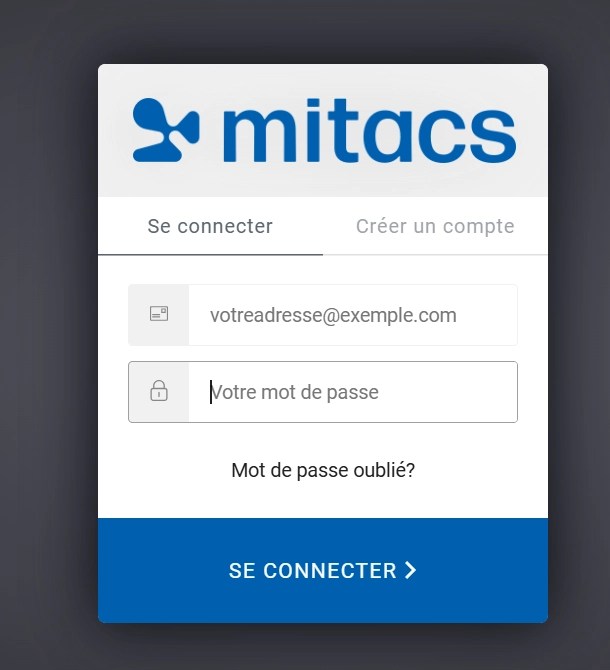 Écran de connexion pour Mitacs avec des champs pour le courriel et le mot de passe, des options pour ouvrir une session ou créer un compte, un lien Mot de passe oublié? et un bouton bleu de connexion en bas.