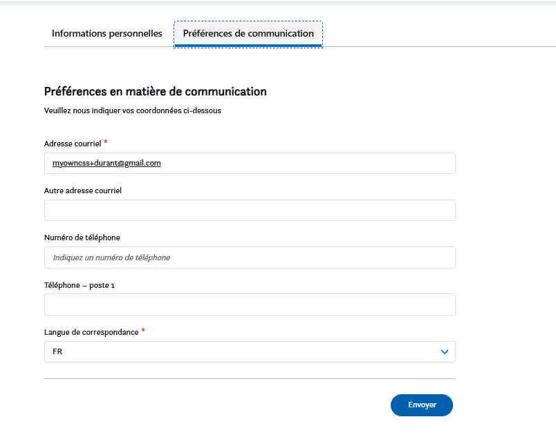 Un formulaire web sous l’onglet Préférences de communication demande l'adresse courriel, une autre adresse courriel, un numéro de téléphone, un numéro de poste et la langue de correspondance, avec un menu déroulant réglé sur FR. Un bouton bleu Envoyer se trouve en bas à droite.