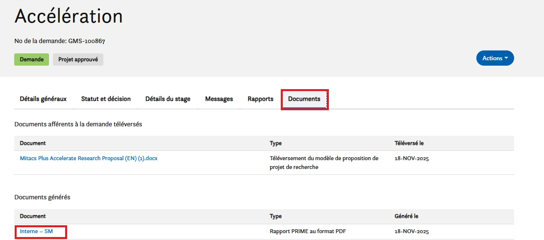Une capture d’écran d’un portail en ligne nommé Accélération affiche l’onglet Documents sélectionné. Deux documents sont visibles : un modèle de proposition de recherche et un rapport PDF intitulé SIM Interne.