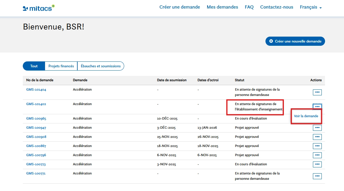 Un tableau de bord du portail de demande de Mitacs montre un tableau avec les demandes, leur statut et les options d’action. Un statut, En attente de signatures de l’établissement d’enseignement et Afficher les détails, sont encerclés dans des cases rouges.
