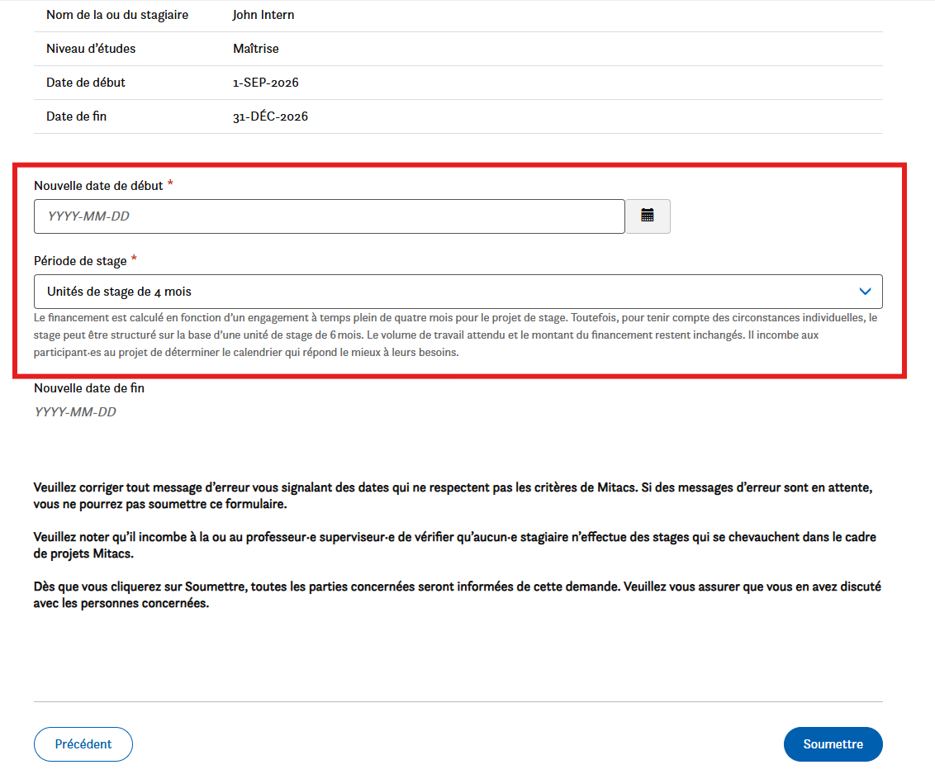 Un formulaire avec les champs Nouvelle date de début, Période de stage et Nouvelle date de fin. Un bouton « Soumettre » se trouve en bas à droite. Les instructions et les messages concernant le choix des dates et les règles de soumission sont affichés sous le formulaire.