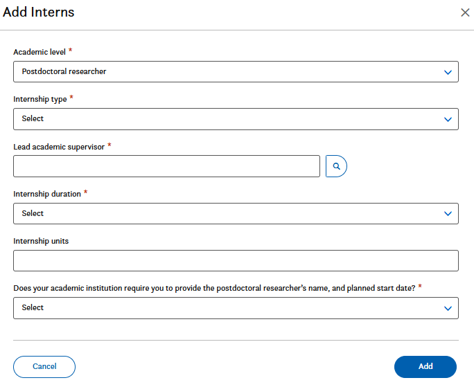 A form asking if the academic institution requires the postdoctoral researchers name and start date, followed by fields for first name, last name, anticipated start and end dates, and email. Add and Cancel buttons are at the bottom.