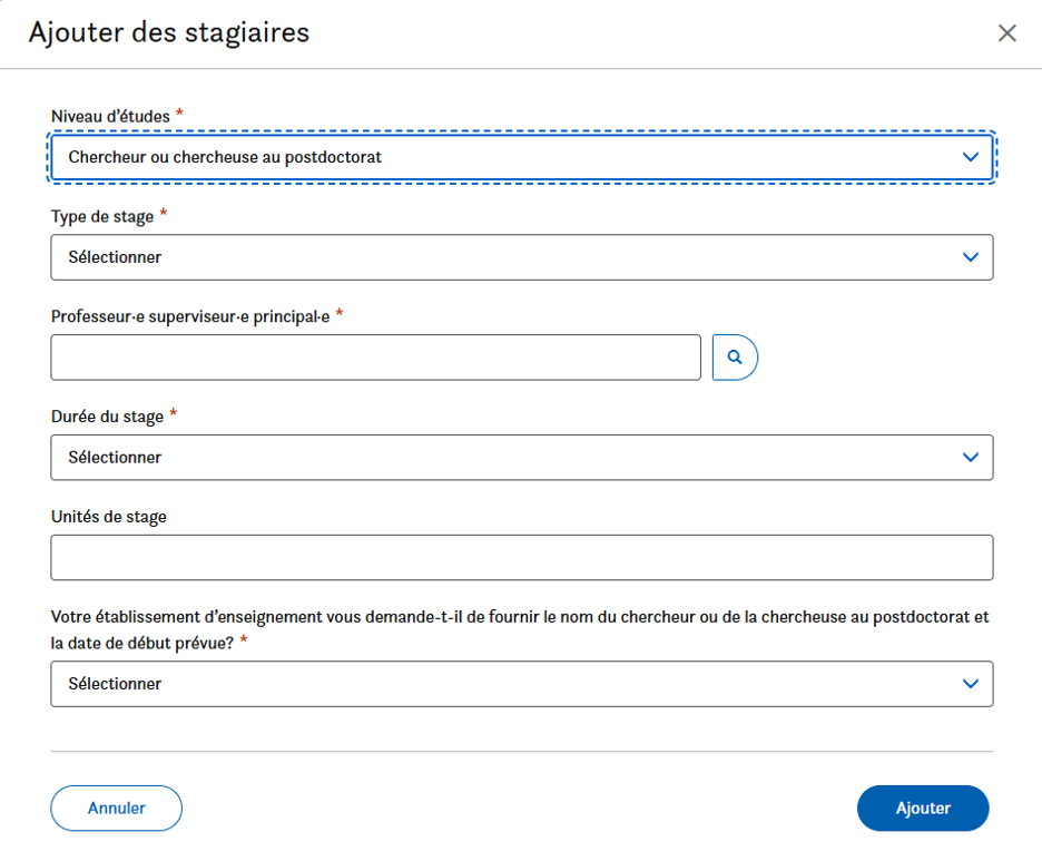Un formulaire demande si l’établissement postsecondaire exige le nom et la date de début du chercheur ou de la chercheuse au postdoctorat, suivi de champs pour le prénom, le nom, les dates de début et de fin prévues, et l’adresse électronique. Les boutons « Ajouter » et « Annuler » se trouvent au bas de la page.