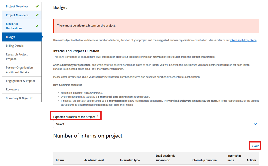 A web page form for budgeting internship projects. Sections for expected project duration and number of interns are shown. Red boxes highlight entry fields and an Add button. A notice about needing at least one intern appears.