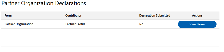 A table titled Partner Organization Declarations showing columns for Form, Contributor, Declaration Submitted (No), and an Actions button labeled View Form.