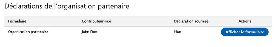 Un tableau intitulé Déclarations des organisations partenaires affichant des colonnes pour Formulaire, Contributeur, Déclaration soumise (Non) et un bouton Actions intitulé Afficher le formulaire.