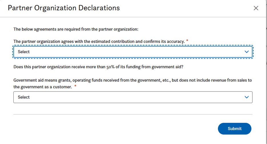 Form titled Partner Organization Declarations with dropdown menus for estimated contribution confirmation and funding from government aid, and a blue Submit button at the bottom right.