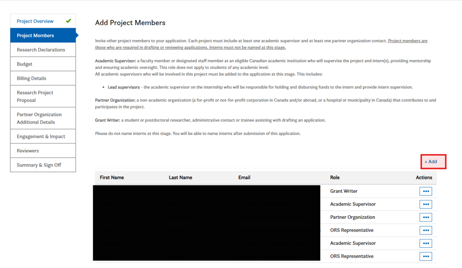 A webpage titled “Project Members” shows a table with member names, roles, and actions. On the right, a blue “+ Add” button is highlighted in a red box for adding new members. The left sidebar lists navigation options.