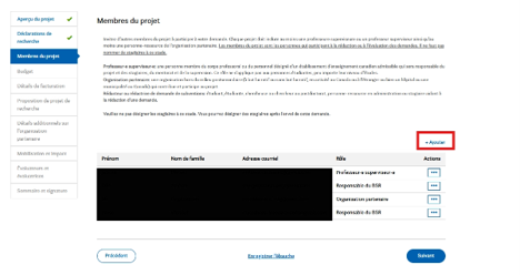 Une page web intitulée « Membres du projet » affiche un tableau avec les noms des membres, les rôles et les actions. À droite, un bouton bleu « + Ajouter » est mis en évidence dans une case rouge pour ajouter de nouveaux membres. La barre latérale gauche affiche les options de navigation.