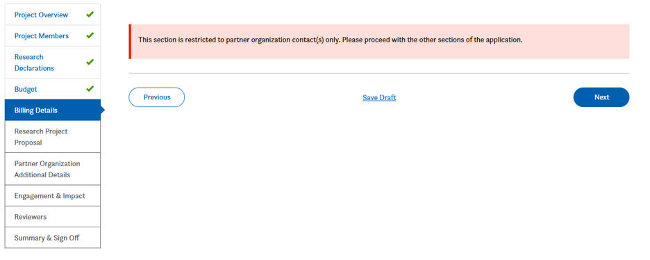 A webpage displays a message: This section is restricted to partner organization contact(s) only. The Billing Details tab is selected in the left menu. Navigation buttons Previous and Next are at the bottom.