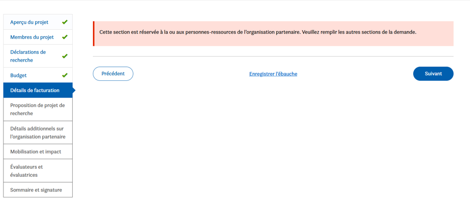 Une page web de Mitacs affiche un message d’avertissement indiquant que la section est réservée uniquement aux contacts des organisations partenaires. L’onglet Détails de facturation est sélectionné dans le menu de gauche, et les boutons de navigation sont en bas.